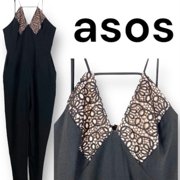 New With Tags ASOS Plunge Jumpsuit Laser Etched Bodice Black Womens Size 8 - Picture 1 of 13